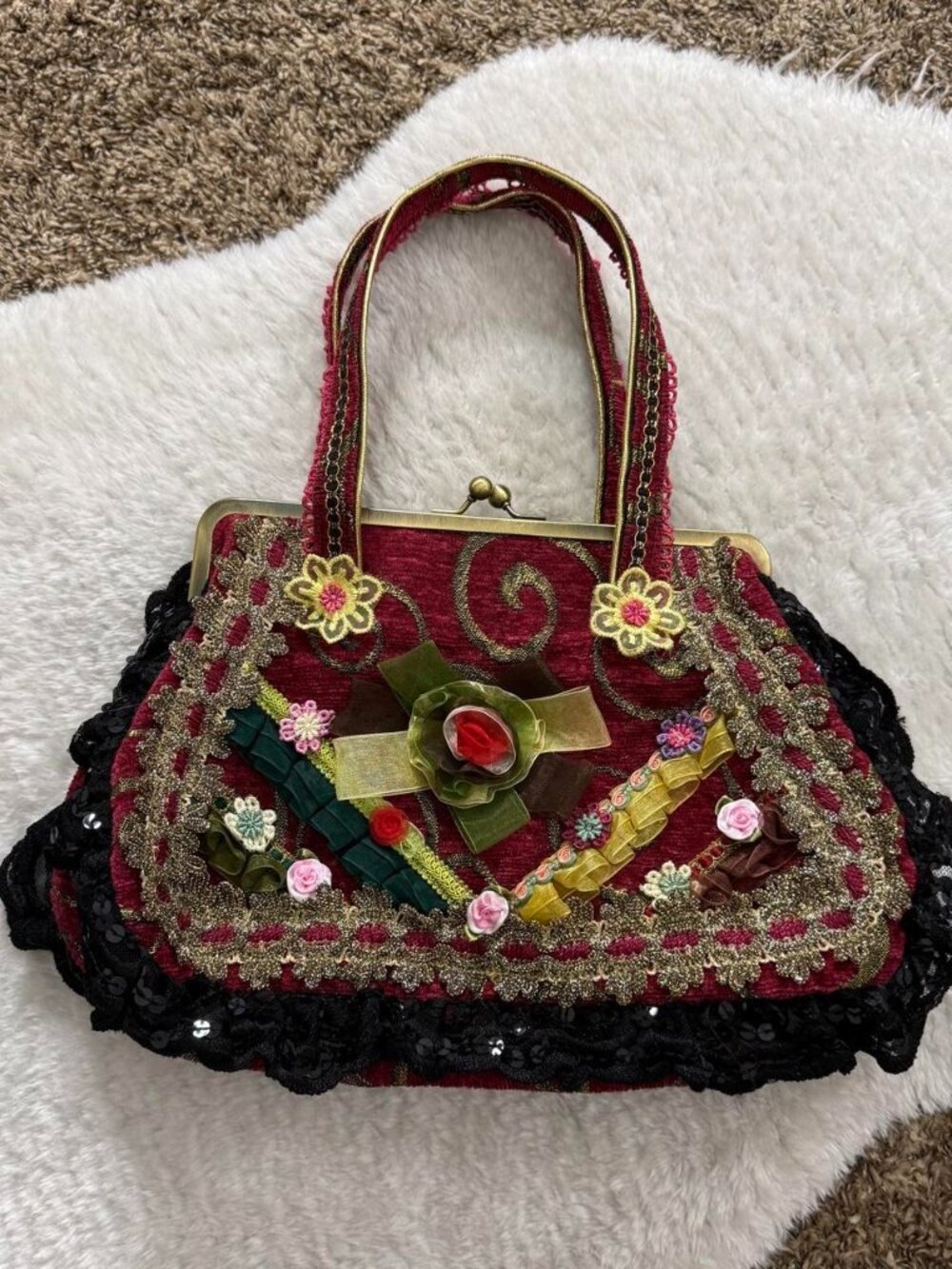 90’s whimsigoth burgundy tapestry funky patchwork floral bag